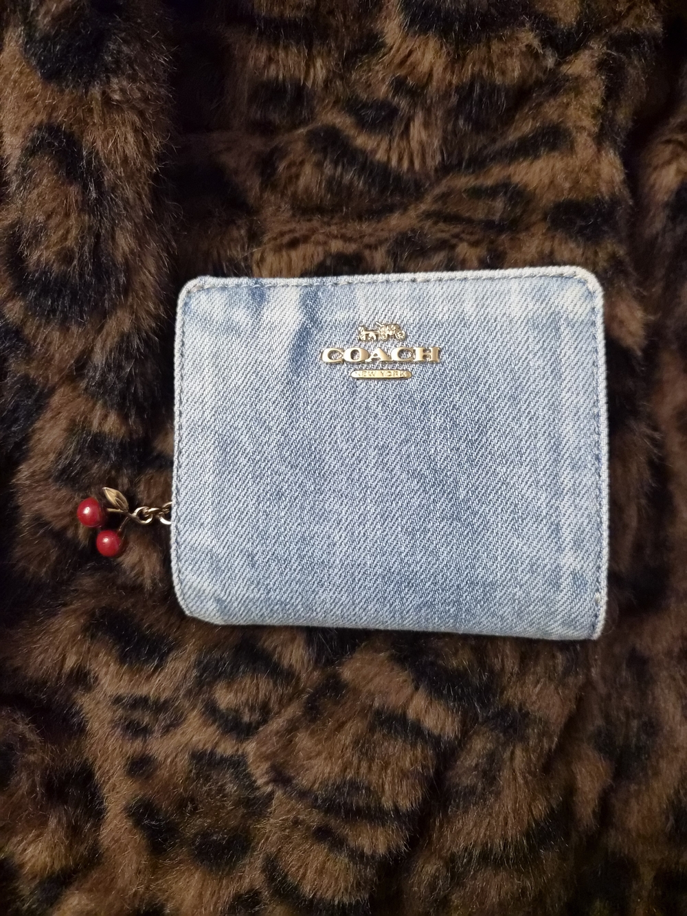 NWT Coach Light Blue Denim Zip Wallet with Red Cherry Charm